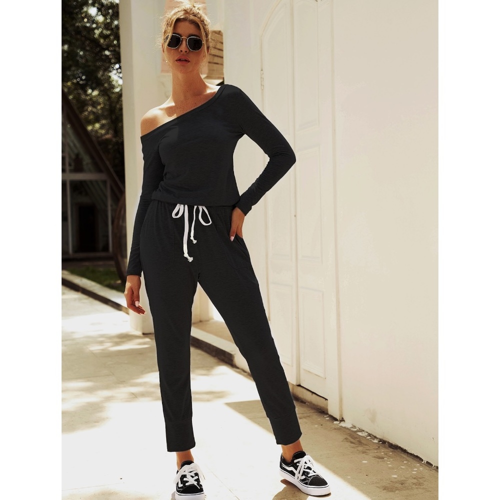 Off Shoulder Contrast Drawstring Black Jumpsuit - Picture 3 of 16